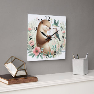 Storybook Woodland Babies Otter And Bird Square Wall Clock