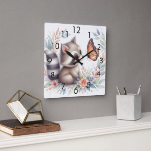Storybook Woodland Babies Racoon And Butterfly Square Wall Clock