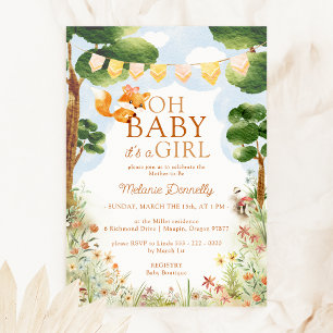Storybook Woodland Fox Oh Baby Girl Shower Invitation