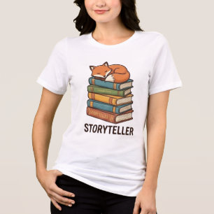 Storyteller Sleeping Fox on Stack of Books Tri-Blend Shirt