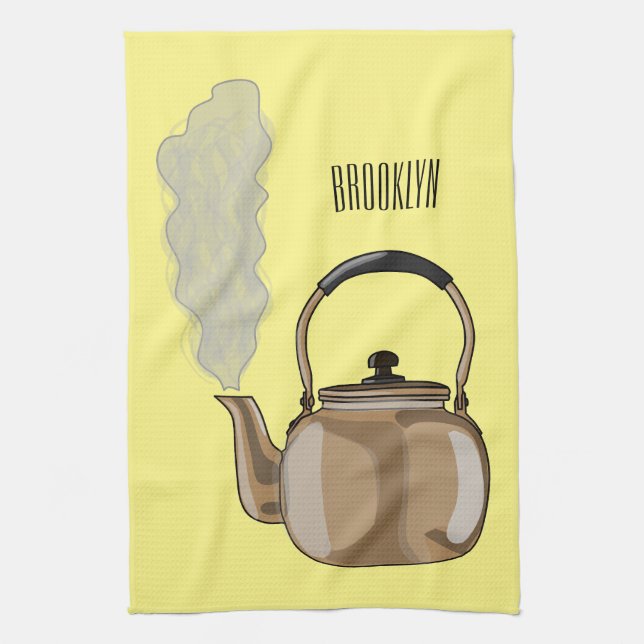 Stovetop or hob kettle cartoon illustration  tea towel (Vertical)