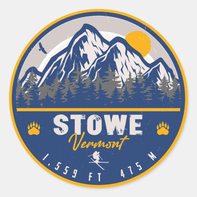 Stowe Mountain Vermont Retro Sunset Ski Souvenir Classic Round Sticker (Front)