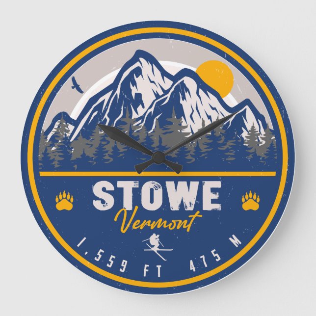 Stowe Mountain Vermont Retro Sunset Ski Souvenir Large Clock (Front)