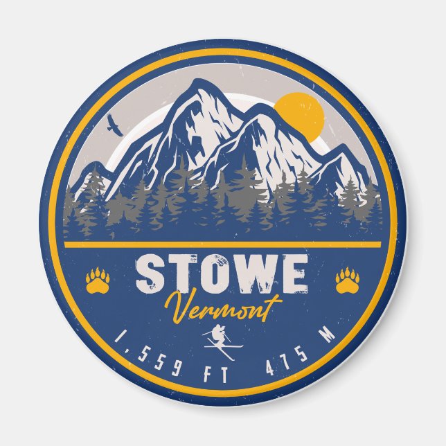 Stowe Mountain Vermont Retro Sunset Ski Souvenir Magnet (Front)