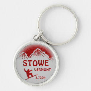Stowe Vermont red grey snowboard art keychain