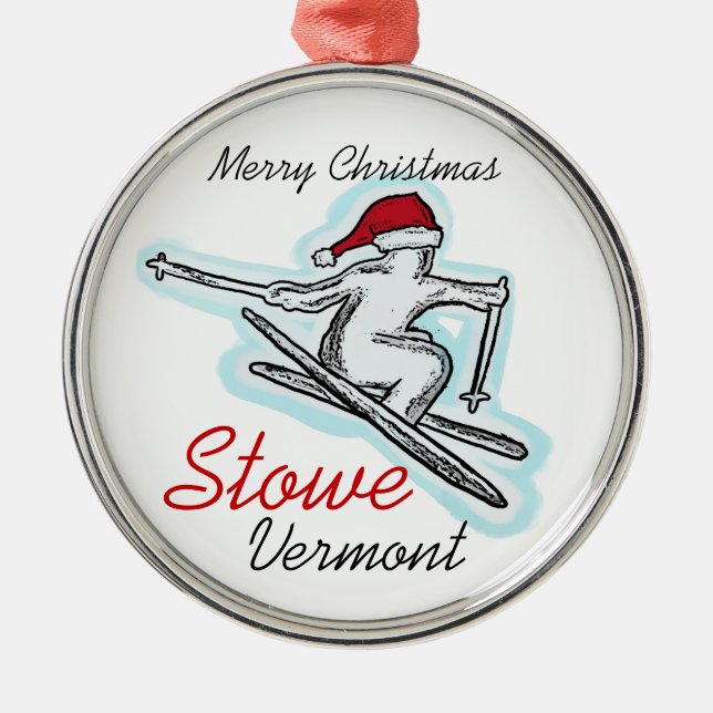 Stowe Vermont santa hat skier ornament (Front)