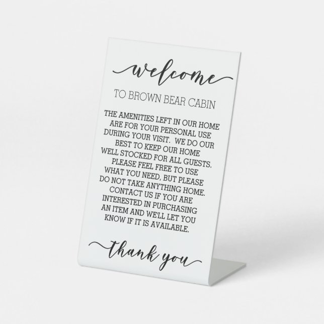 STR Short term Rental Vacation Amenities Inventory Pedestal Sign (Front)