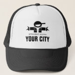 Straight Outta DJ trucker hat | Add your city name<br><div class="desc">Straight Outta DJ trucker hat | Add your city name. Cool music deejay cap with custom text. Examples: Chicago,  New York ,  Philly,  Los Angeles,  Miami etc Homeboy logo with headphones. Black and white headwear.</div>
