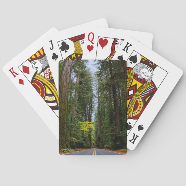 Straight Road Ahead Through Misty Redwood Forest Playing Cards (Back)