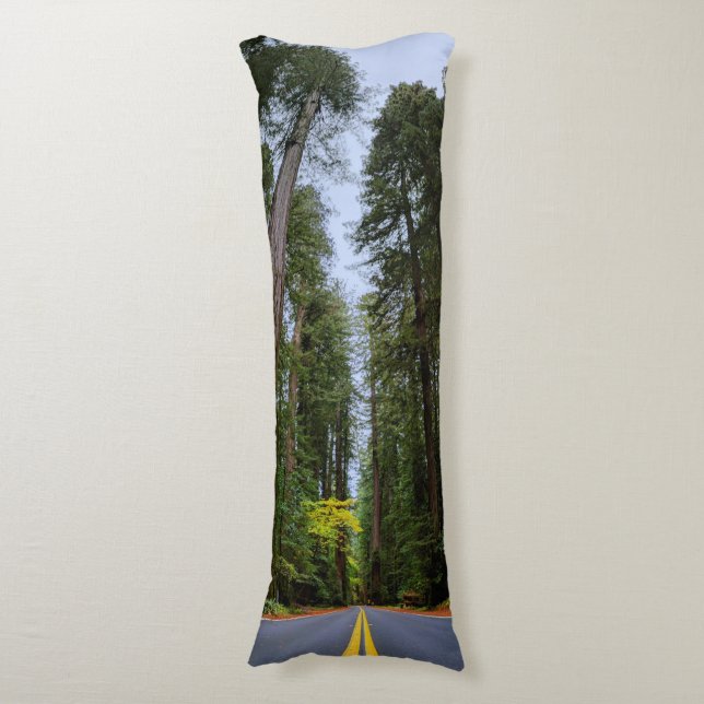 Straight Road Ahead Through Misty Redwoods Pillow (Front Vertical)