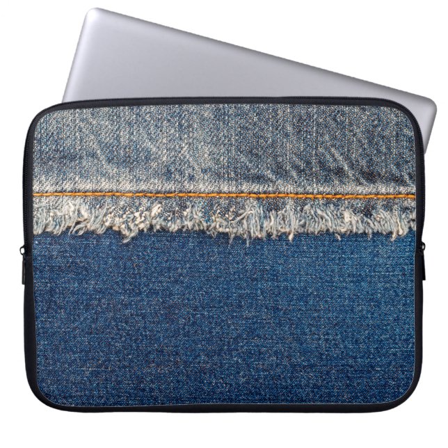 Straight stitch with orange thread on bleached den laptop sleeve (Front)