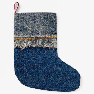 Straight stitch with orange thread on bleached den small christmas stocking