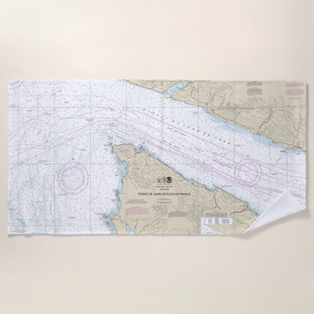 Strait of Juan de Fuca Entrance Nautical Chart Beach Towel (Front)