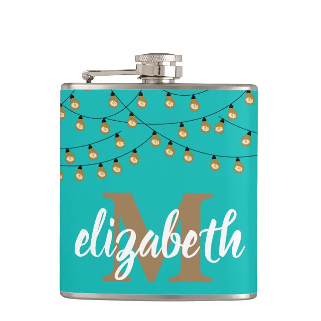 Strand of Lights Turquoise Personalised Hip Flask (Front)