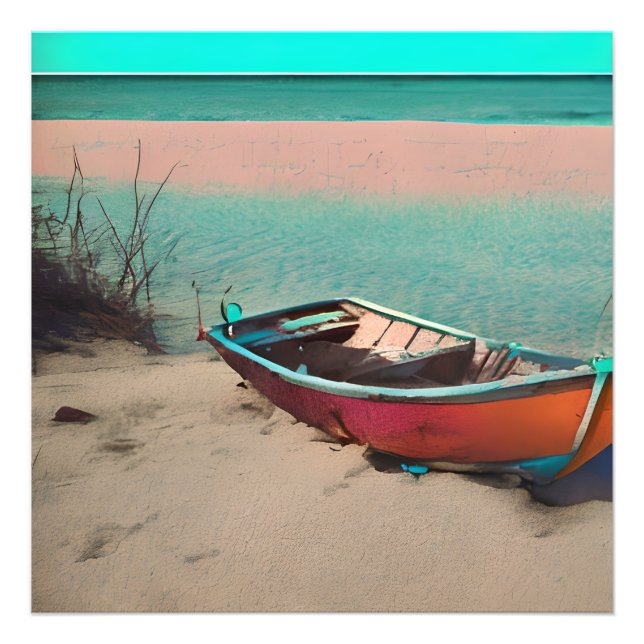 Stranded Boat on a Sandy Beach | AI Generated Art Photo Print (Front)