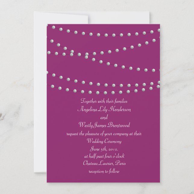 Strands of Pearls on Magenta Wedding Invitation (Front)