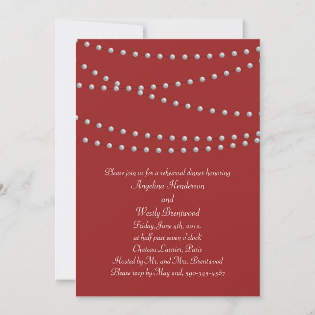 Strands of Pearls on Red Rehearsal Dinner Invitation (Front)