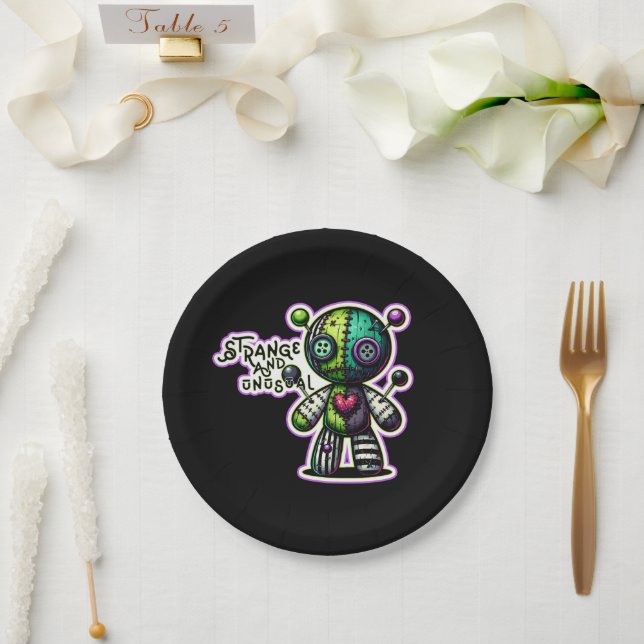 Strange and Unusual Purple Green Heart Voodoo Bear Paper Plate (Wedding)