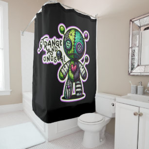 Strange and Unusual Purple Green Heart Voodoo Bear Shower Curtain