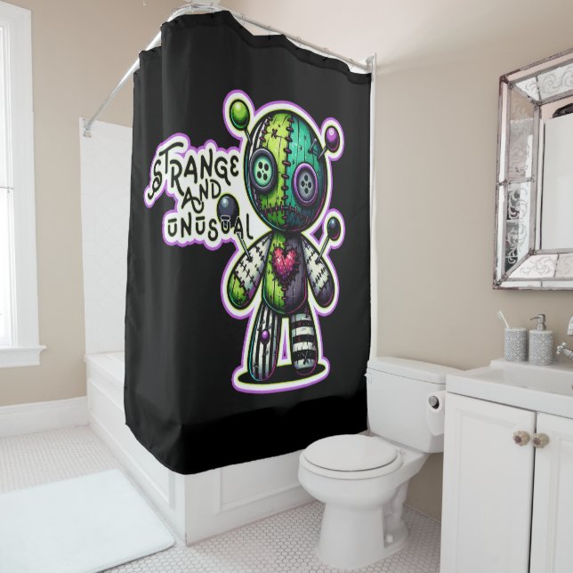 Strange and Unusual Purple Green Heart Voodoo Bear Shower Curtain (In Situ)