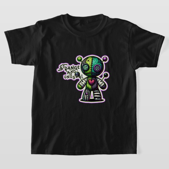 Strange and Unusual Purple Green Heart Voodoo Bear T-Shirt (Laydown)