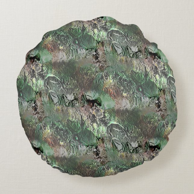 Strange texture in grey green with abstract skull  round cushion (Back)