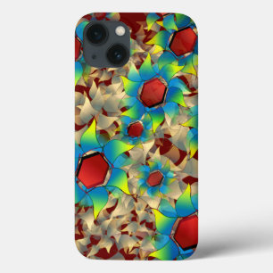 Strange virtual flowers, bluish petals on dark red iPhone 13 case