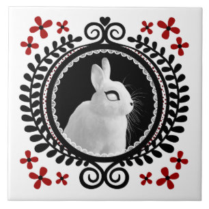 Strange White Bunny: White, Black & Red Tile