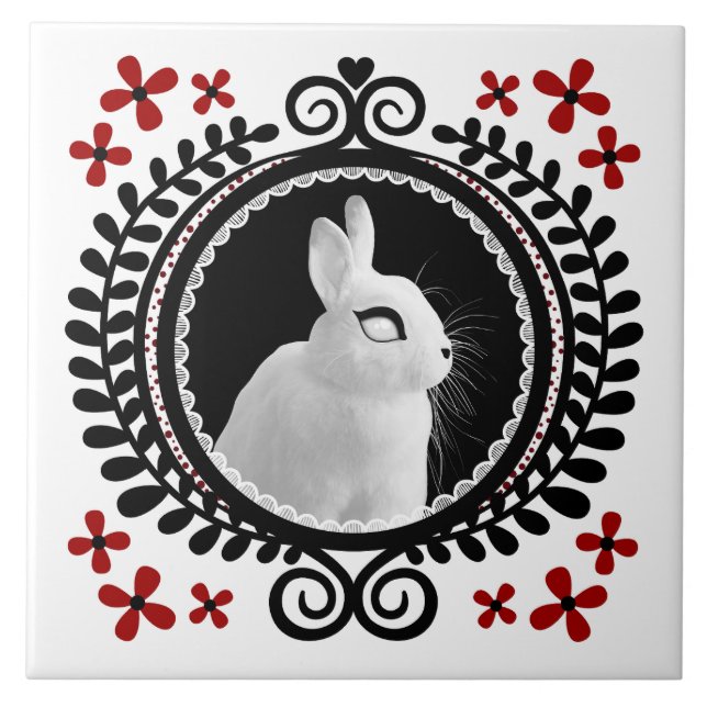 Strange White Bunny: White, Black & Red  Tile (Front)