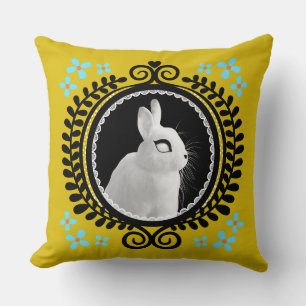 Strange White Bunny: Yellow, Black, & Light Blue Cushion