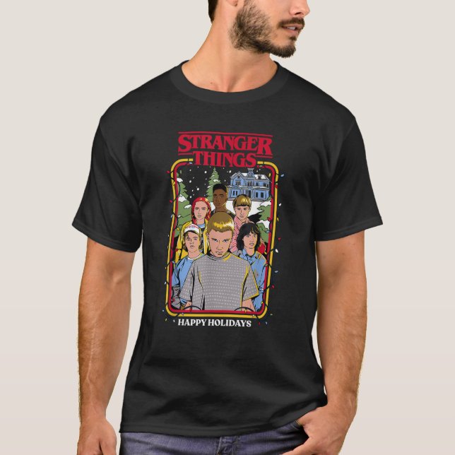 Stranger Things Christmas Happy Holidays Group Ske T-Shirt (Front)