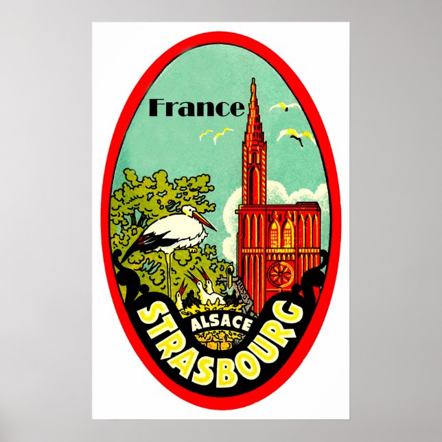 Strasbourg cathedral, storks, France, vintage Poster (Front)