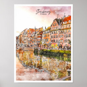 Strasbourg France vintage travel watercolor Poster