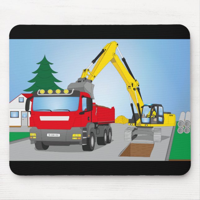 Straßenbaustelle mit rotem LKW und gelben Bagger Mouse Mat (Front)