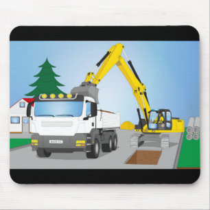 Straßenbaustelle mit weißem LKW und gelben Bagger Mouse Mat