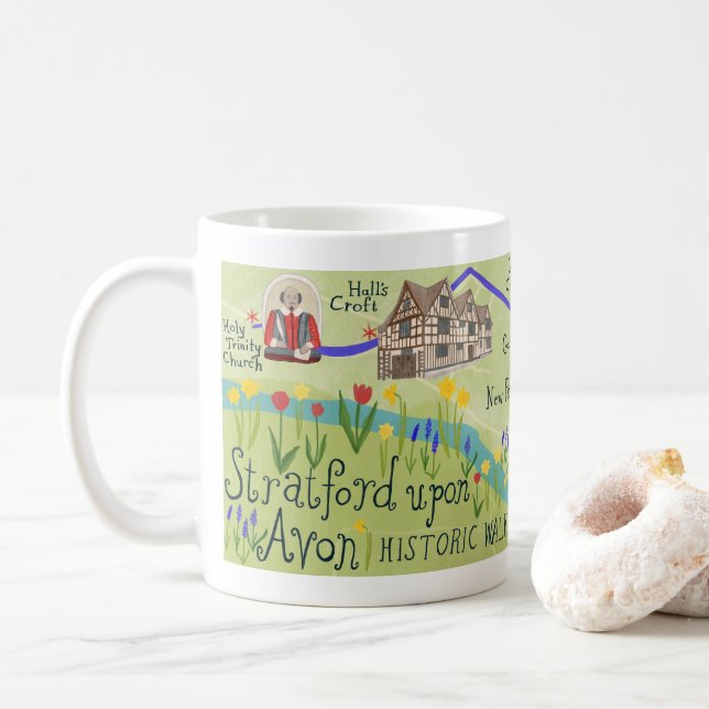 Stratford Upon Avon Shakespeare Illustrated Map Coffee Mug (With Donut)