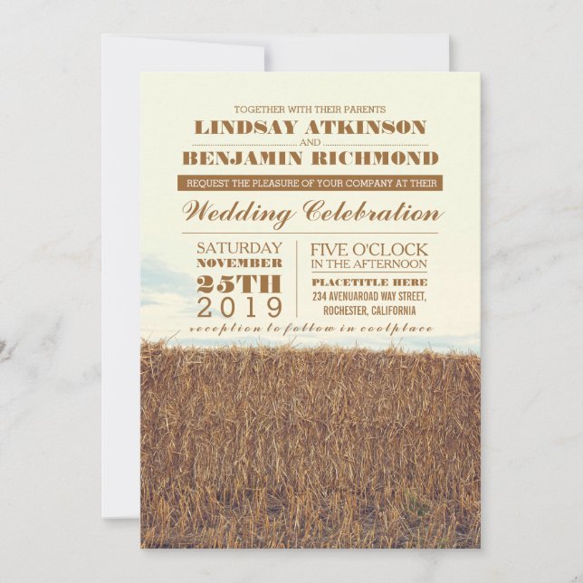 Straw bale rustic country wedding invitation (Front)