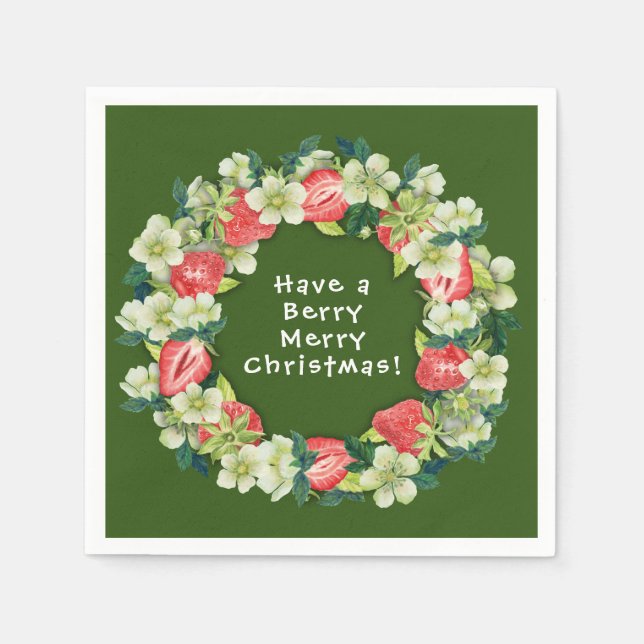 (Straw) Berry Merry Christmas Green Paper Cocktail Napkin (Front)
