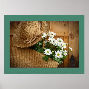 Straw Hat and Daisies Art Poster - SRF