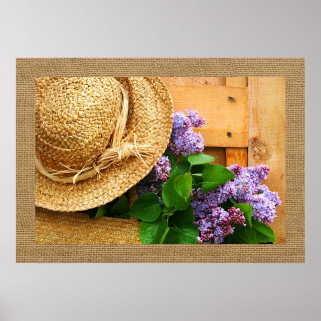 Straw Hat and Lavender Flowers Photography Art Poster (Front)