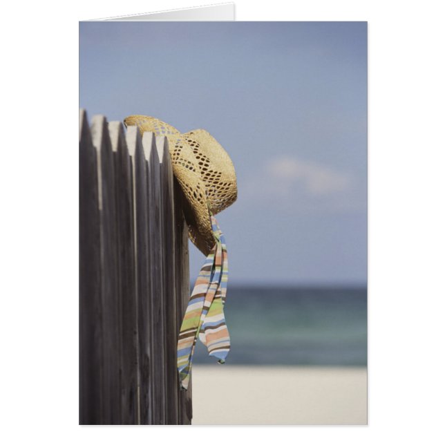 Straw Hat Hanging On Fence At Beach (Front)