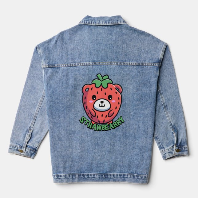 Strawbearry! Cute Strawberry Bear Pun Cartoon Denim Jacket (Back)