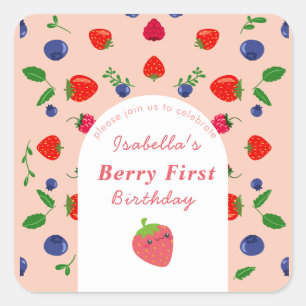 Strawber Berry First Birthday  Square Sticker