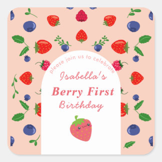 Strawber Berry First Birthday Square Sticker