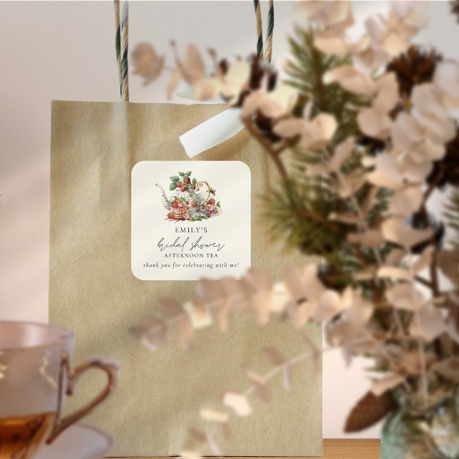 Strawberries Afternoon Tea Bridal Shower Thank You Square Sticker (Creator Uploaded)