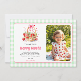 Strawberries and bow Berry First Birtday photo Thank You Card