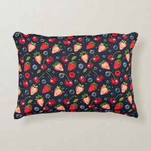 Strawberries and cherries on a dark background   decorative cushion