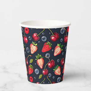 Strawberries and cherries on a dark background   paper cups
