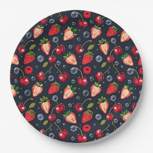 Strawberries and cherries on a dark background   paper plate