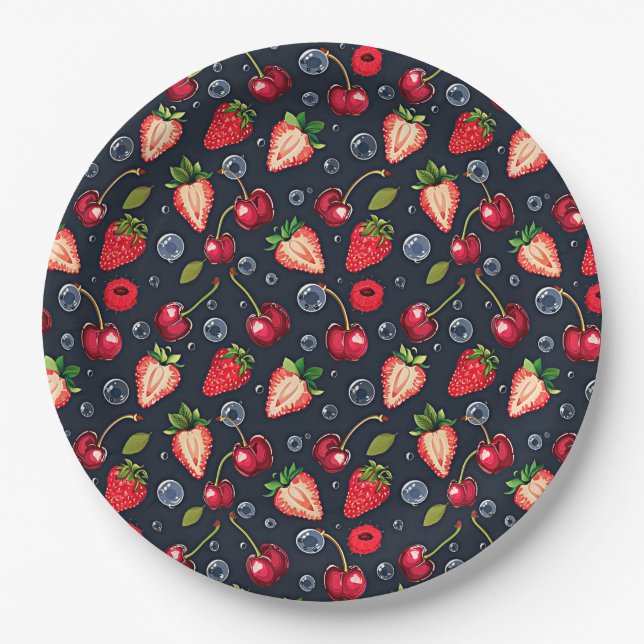 Strawberries and cherries on a dark background   paper plate (Front)